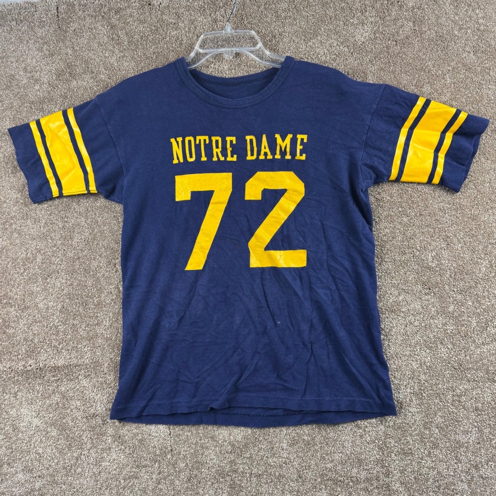 Vintage Notre Dame Fighting Irish 72 Jersey T-Shirt Navy Blue Gold Striped S/M